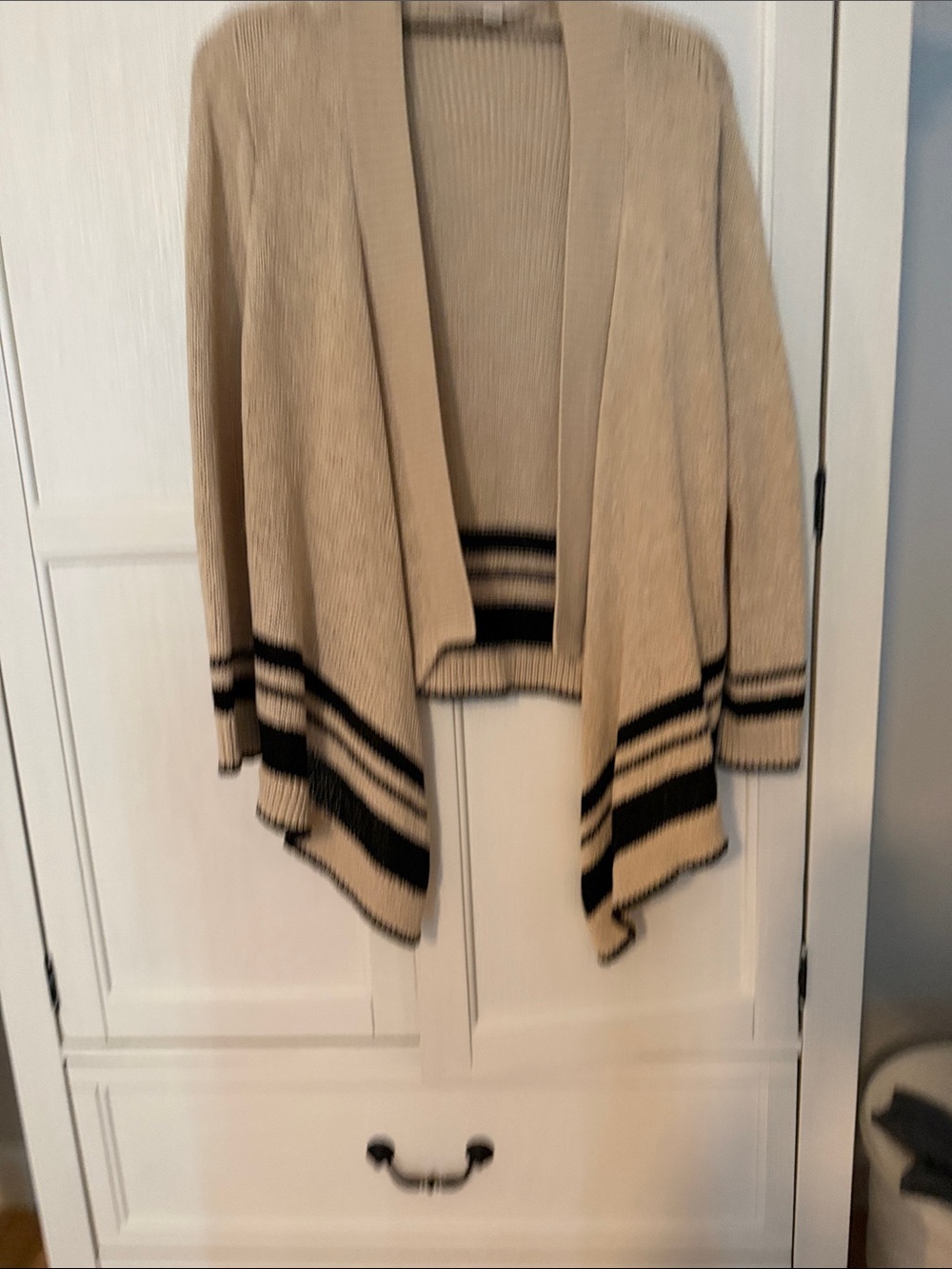 LOFT Beige Open-Front Cardigan with Black Stripe Trim